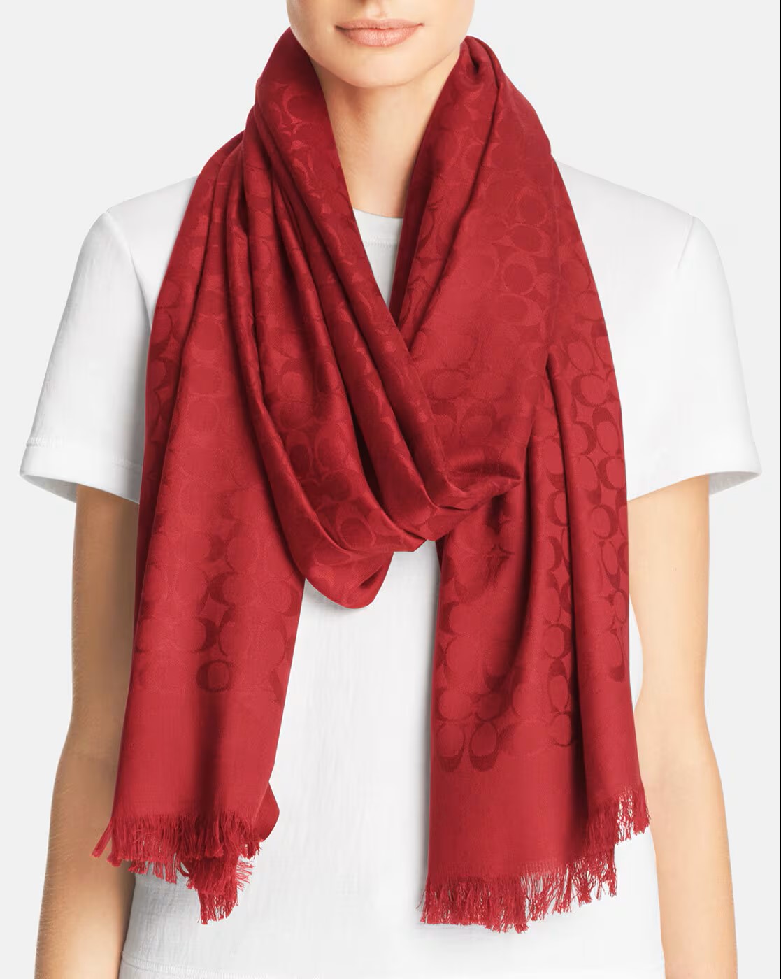 Khăn choàng nữ Coach Fringe Scarf Signature C Logo Wrap True Red F76394 3