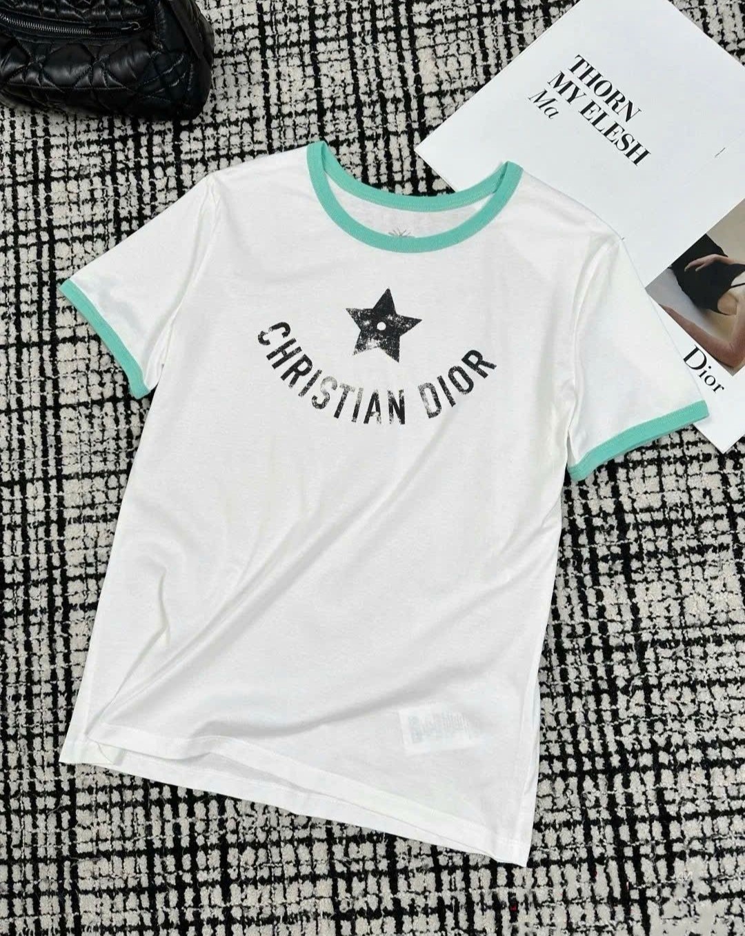 Áo thun trắng phối xanh lá Dior nữ Dioriviera T-Shirt Ecru and Aquamarina Cotton Jersey 1