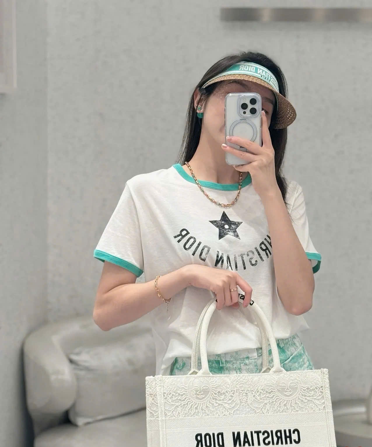 Áo thun trắng phối xanh lá Dior nữ Dioriviera T-Shirt Ecru and Aquamarina Cotton Jersey 4