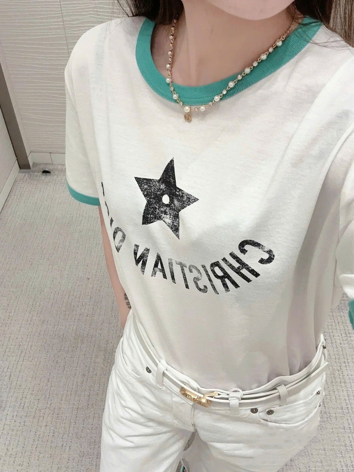 Áo thun trắng phối xanh lá Dior nữ Dioriviera T-Shirt Ecru and Aquamarina Cotton Jersey 6
