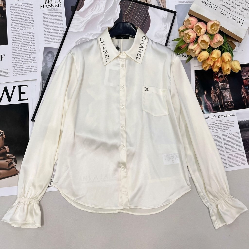 Áo sơ mi nữ lụa trắng ngà Chanel 2