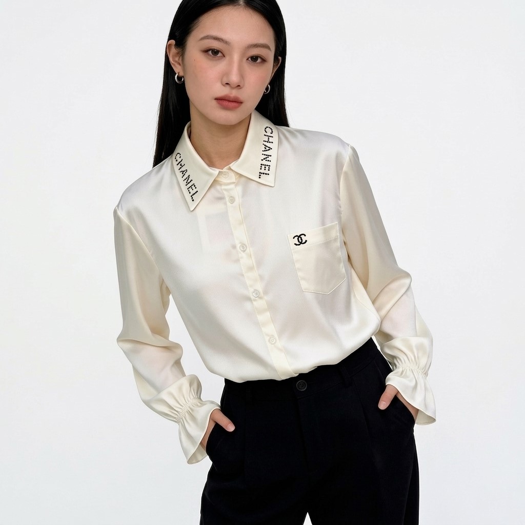 Áo sơ mi nữ lụa trắng ngà Chanel 3