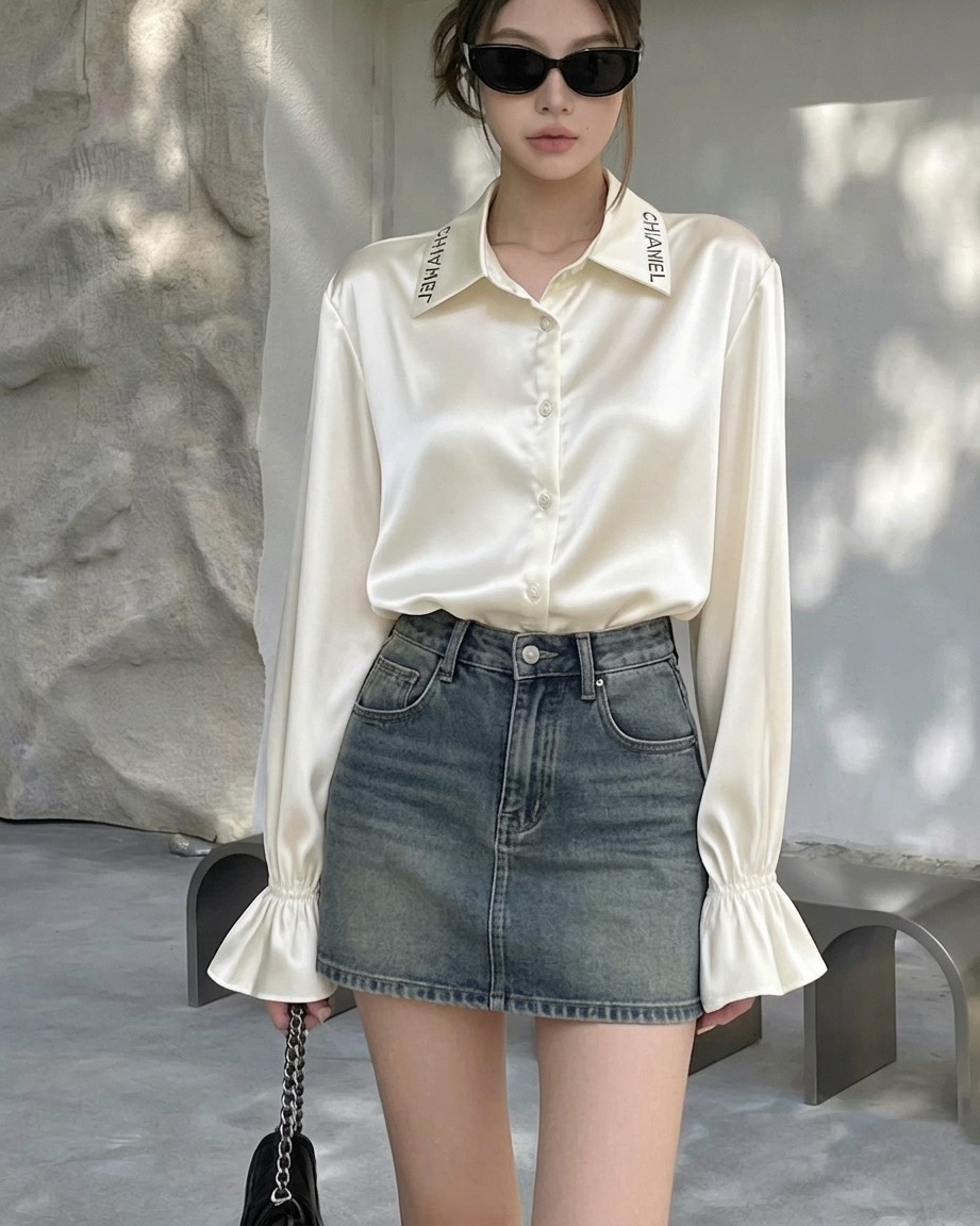 Áo sơ mi nữ lụa trắng ngà Chanel 5