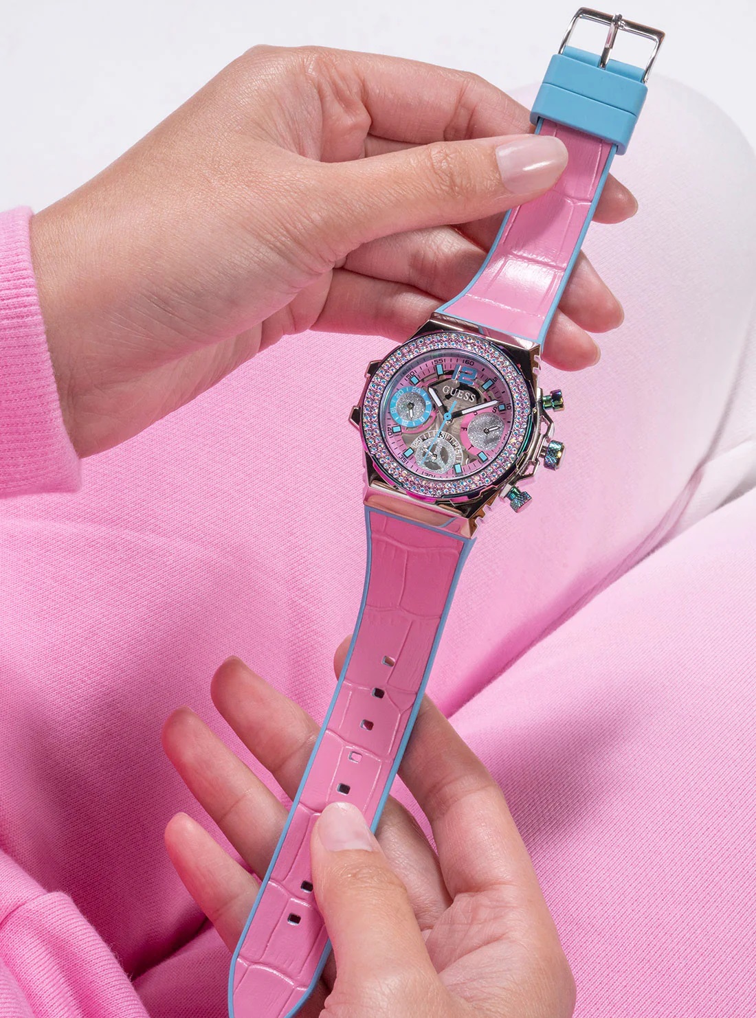 Đồng hồ đeo tay nữ Guess Pink Turquoise Fusion Silicone Watch GW0553L5 8