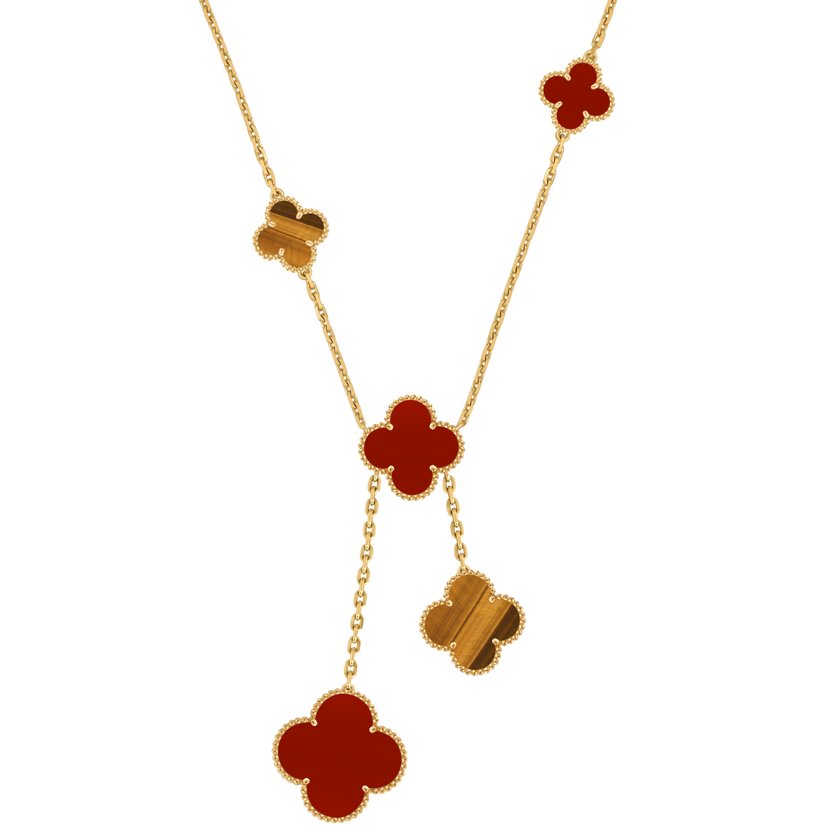Dây Chuyền nữ cỏ 4 lá Van Cleef Arpels Magic Alhambra Necklace 6 Motifs Yellow Gold Carnelian Tiger Eye VCARN5JP00 2
