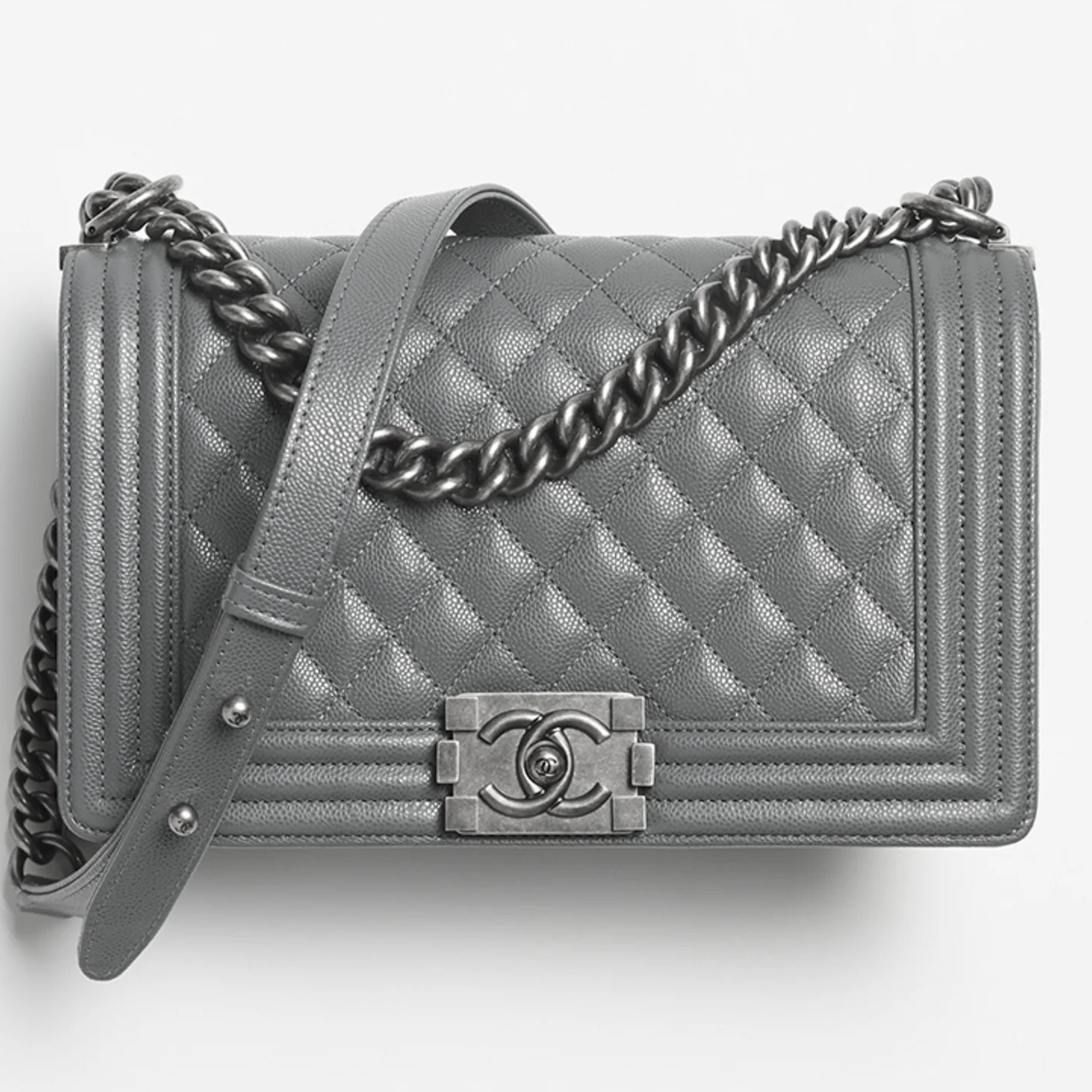 Túi đeo chéo Chanel Boy Shiny Grained Calfskin Ruthenium-Finish Metal Dark Gray 1