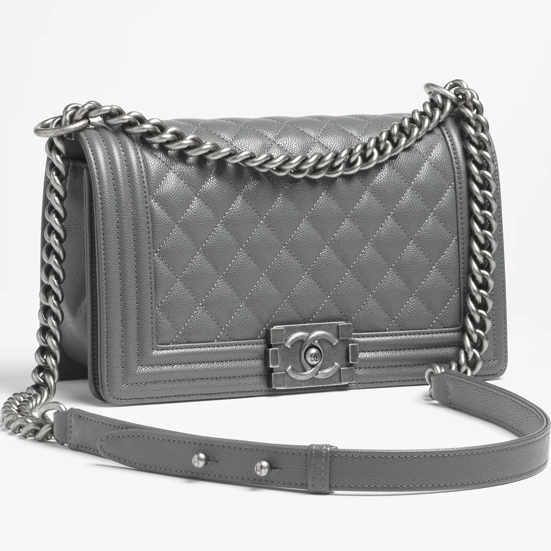 Túi đeo chéo Chanel Boy Shiny Grained Calfskin Ruthenium-Finish Metal Dark Gray 5