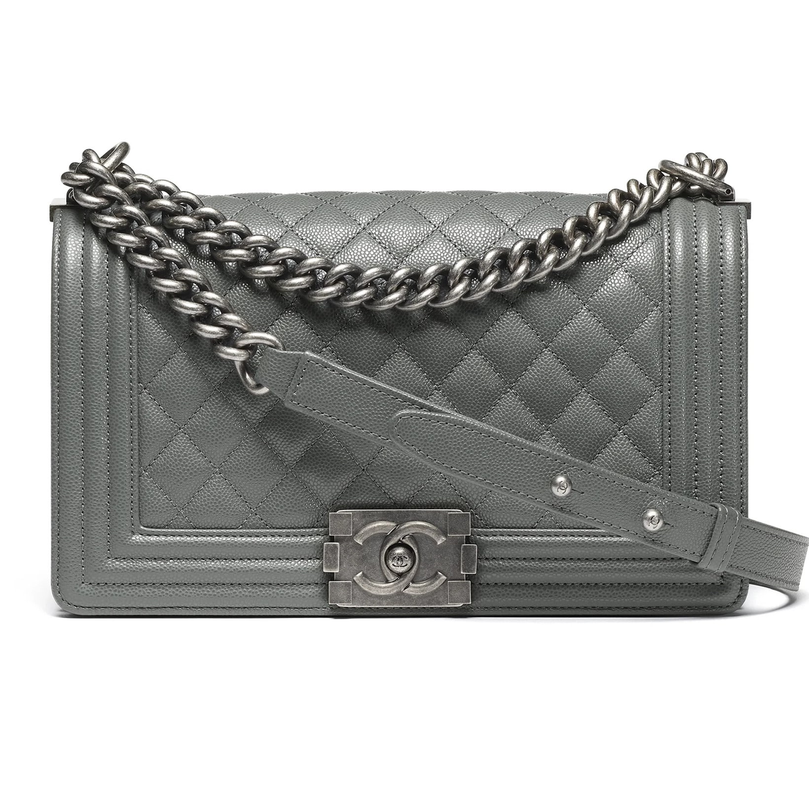 Túi đeo chéo Chanel Boy Shiny Grained Calfskin Ruthenium-Finish Metal Dark Gray 3