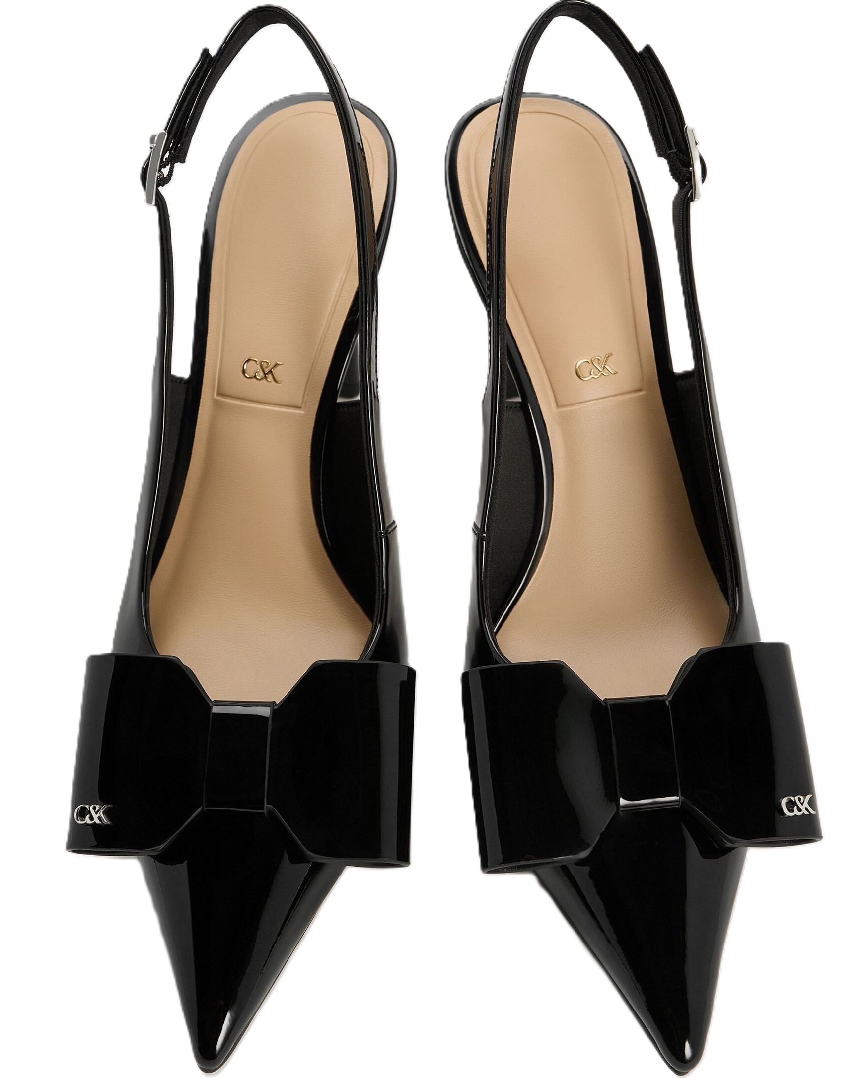 Giày nữ CNK Charles Keith Sandals Lu Patent Leather Bow Blade-Heel Slingback Pumps Black Patent 1