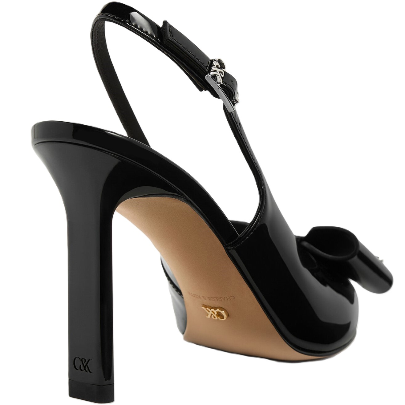 Giày nữ CNK Charles Keith Sandals Lu Patent Leather Bow Blade-Heel Slingback Pumps Black Patent 5