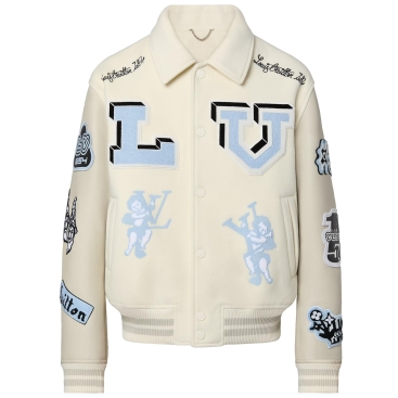 Áo khoác trắng kem sticker unisex LV Louis Vuitton Multi-Patches Mixed Leather Varsity Blouson