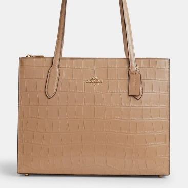 Túi xách da láng Coach nữ Nina Tote Crocodile-Embossed Leather and Smooth Leather Bag In Gold Taupe CL654
