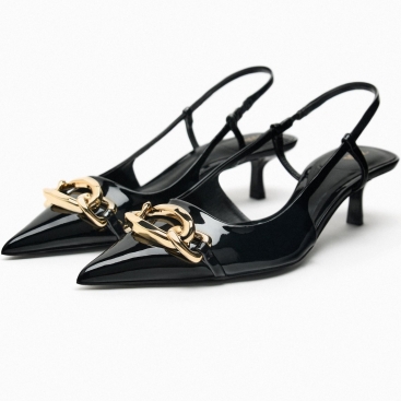 Giày Sandal nữ Zara Black Slingback Kitten Heels With Chain