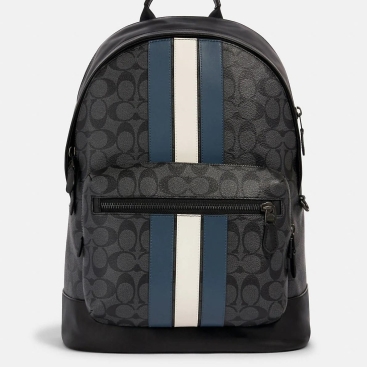 Balo Coach nam phối sọc xanh trắng West Backpack In Signature Canvas With Varsity Stripe