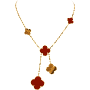 Dây Chuyền nữ cỏ 4 lá Van Cleef Arpels Magic Alhambra Necklace 6 Motifs Yellow Gold Carnelian Tiger Eye VCARN5JP00