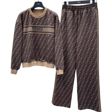 Combo áo quần dài họa tiết hãng Fendi nâu