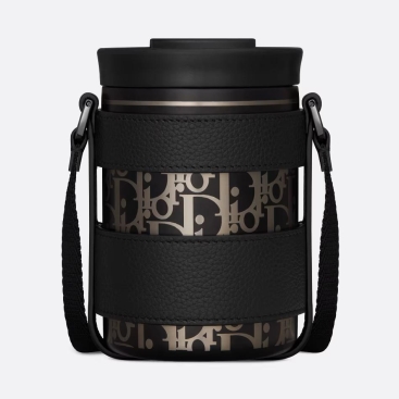 Bình Nước kèm túi đeo chéo Dior Aqua Mug Black Grained Calfskin and Dior Oblique Stainless Steel With Shoulder Strap