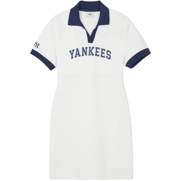 Áo đầm polo MLB Varsity Lettering Pique Dress NY New York Yankees Ivory 3FOPV0143-50IVS