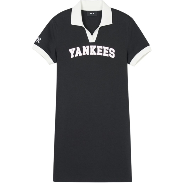 Áo đầm MLB cổ bẻ tay ngắn Varsity Lettering Pique Dress NY New York Yankees Black 3FOPV0143-50BKS