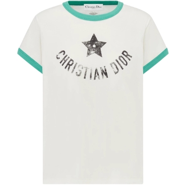 Áo thun trắng phối xanh lá Dior nữ Dioriviera T-Shirt Ecru and Aquamarina Cotton Jersey