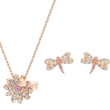 Set dây chuyền hoa tai Swarovski con chuồn chuồn thời trang Eternal Flower Set Dragonfly and Flower Pink Rose Gold-tone Plated 5518141