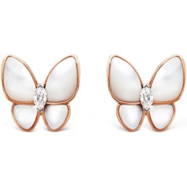 Hoa tai bướm trắng Van Cleef & Arpels Two Butterfly Earrings Rose Gold White Mother of Pearl Round Diamond Rhodium Plated VCARO8FN00