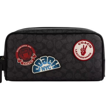 Túi clutch du lịch Coach Large Travel Kit In Signature Canvas With Patches Charcoal Multi CY904