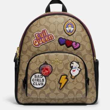 Balo nâu Coach Disney X Coach Court Backpack In Signature Canvas With Evil Queen Bad Girls Club Patches