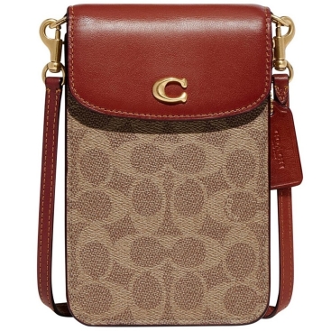 Túi điện thoại nâu nấp đỏ Coach Phone Crossbody In Signature Canvas CJ355