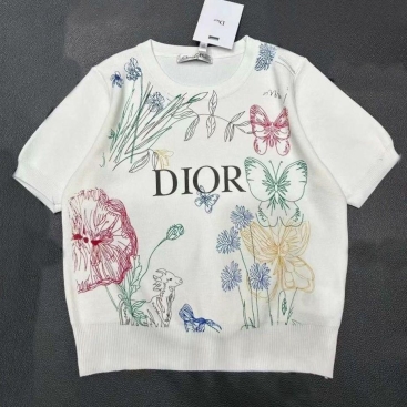 Áo thun nữ dệt kim họa tiết bướm và hoa lá Dior