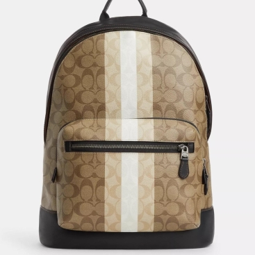 Balo màu nâu sáng Coach West Backpack In Blocked Signature Canvas With Varsity Stripe CQ629
