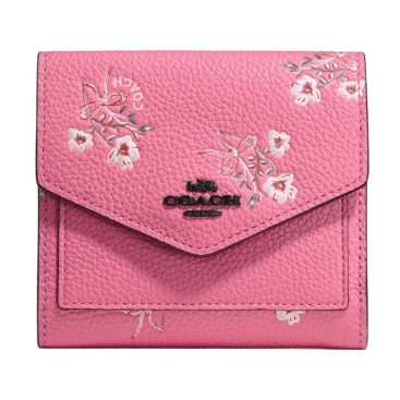Ví hồng nấp bài thư Coach Small Wallet With Floral Bow Print Polished Pebble Leather Bright Pink 28445