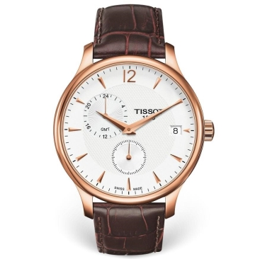 Đồng hồ dây da nam Tissot Tradition GMT Rose Gold Leather Strap Watch T063.639.36.037.00