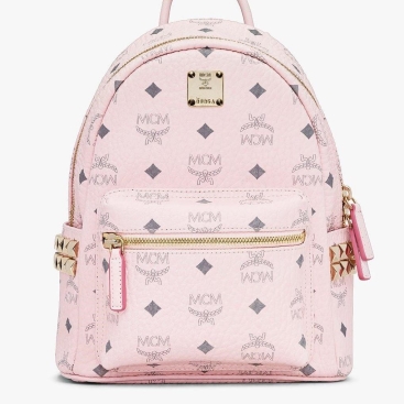 Balo nữ MCM hồng phấn size 22 Mini Stark Side Studs Powder Pink Backpack in Visetos
