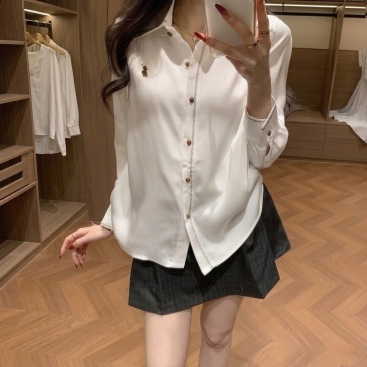 Áo sơ mi lụa nữ tay dài màu trắng kem Polo