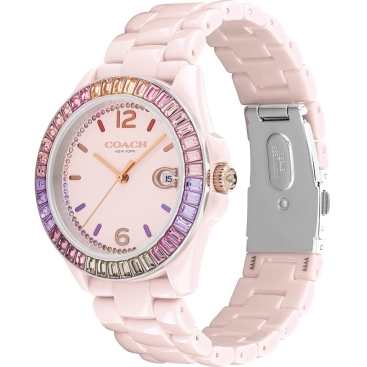 Đồng hồ nữ Coach đá hồng Ladies Greyson Multi-Color Crystal Accent Rainbow Bezel Pink Ceramic Watch 14504020