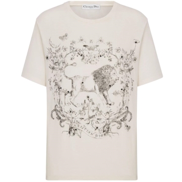 Áo thun nữ Dior T-Shirt White Cotton and Linen Jersey with Black Dior Cabinet de Curiosités Motif