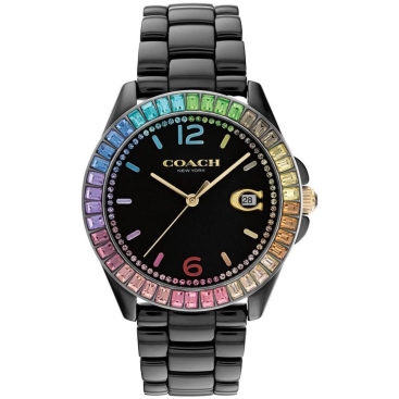 Đồng hồ đeo tay nữ Coach Ladies Greyson Multi-Color Crystal Accent Rainbow Bezel Black Ceramic Bracelet Watch CG982