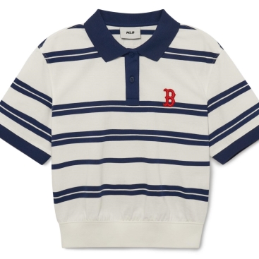 Áo thun nữ Polo màu trắng phối xanh MLB B Varsity Striped Crop Collar T-Shirt Boston Red Sox 3FPQV0133-43IVS Màu Trắng Sọc Xanh Navy