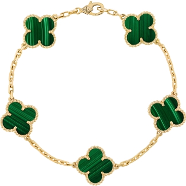 Lắc đeo tay cỏ 4 lá xanh Van Cleef Arpels Vintage Alhambra 5 Motifs Bracelet Yellow Gold Malachite VCARL80900