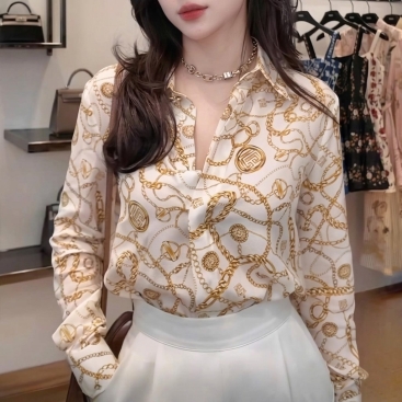 Áo sơ mi lụa nữ tay dài họa tiết Balmain