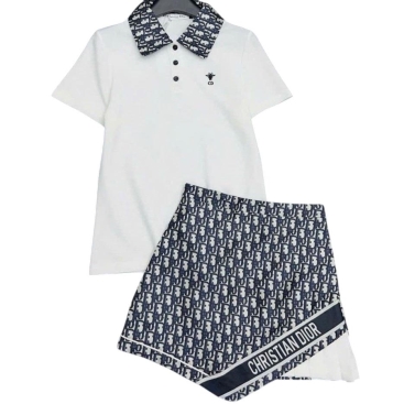 Combo áo thun cổ polo váy vải ngắn Dior