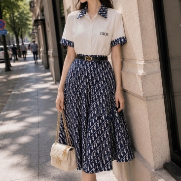 Áo đầm nữ dáng dài xòe trắng đen phối họa tiết hãng Dior