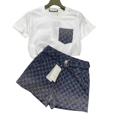 Combo bộ áo thun trắng quần short nữ lưng cao Gucci đính đá
