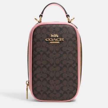 Túi đeo điện thoại nữ Coach Eva Phone Crossbody In Brown Pink Colorblock Signature Canvas CF368
