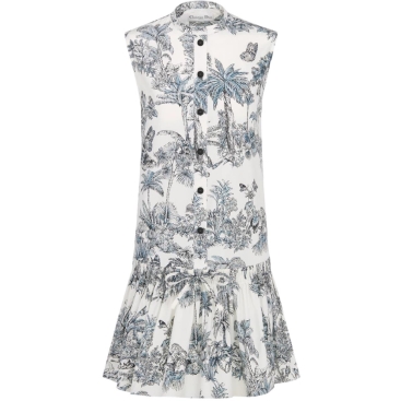 Đầm suông Dior Straight Dress With Ruffles Dioriviera White and blue Toile de Jouy Palms Cotton and Silk Poplin