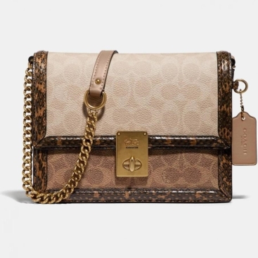 Túi nữ Coach Hutton Shoulder Bag In Blocked Signature Canvas With Snakeskin Detail