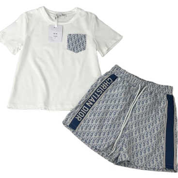Combo áo thun quần short trắng phối xanh dương Dior