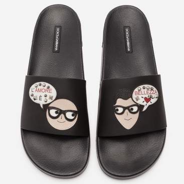 Dép Rubber And Calfskin Sliders With Patches Of The Designers Black Dolce & Gabbana Men
