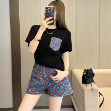 Combo full bộ áo thun quần short và quần dài LV họa tiết cherry